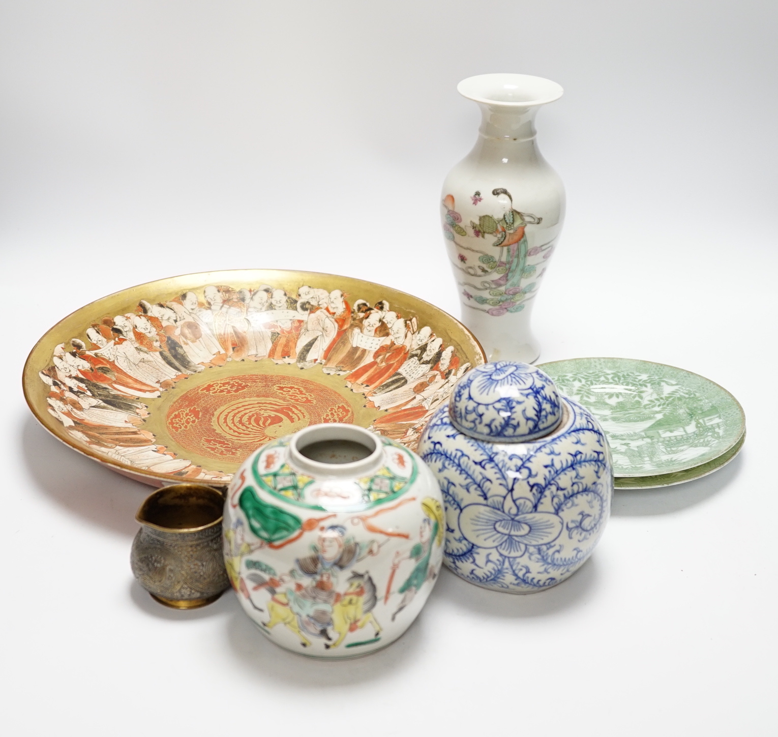 Chinese famille rose vase, Republic period, two Chinese jars, a Japanese Kutani dish, two Japanese porcelain plates and an Indian bronze small jug, tallest 22.5cm